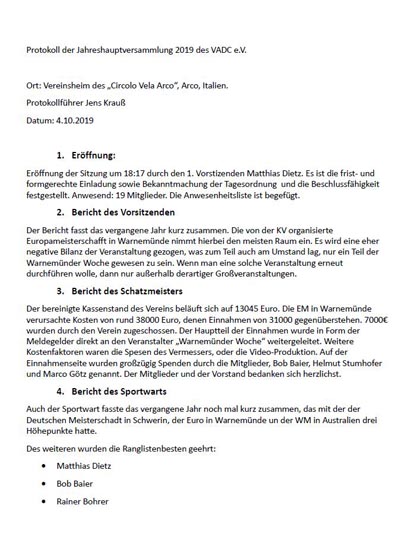 Protokoll Jahreshauptversammlung 2019